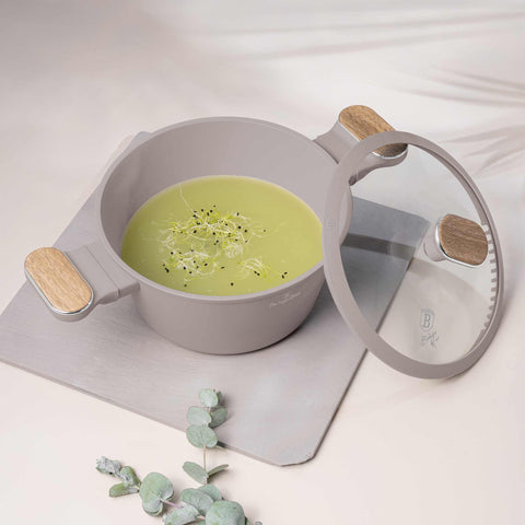 Product image of Casserole with lid 20cm. Part of the Taupe Nordic Collection . Features: • Material: forged aluminum with non-stick titanPro coating • Casserole with lid Ø20*11 cm 2,6L • Color: matt taupe, wooden REGISTERED DESIGN BY BE.... (Studio view). Official Berlinger Haus product, boosted by Promintra sl.