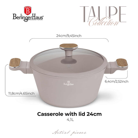 Product image of Casserole with lid 24cm. Part of the Taupe Nordic Collection . Features: • Material: forged aluminum with non-stick titanPro coating • Casserole with lid Ø24*12,5 cm 4,3L • Color: matt taupe, wooden REGISTERED DESIGN BY .... (Studio view). Official Berlinger Haus product, boosted by Promintra sl.