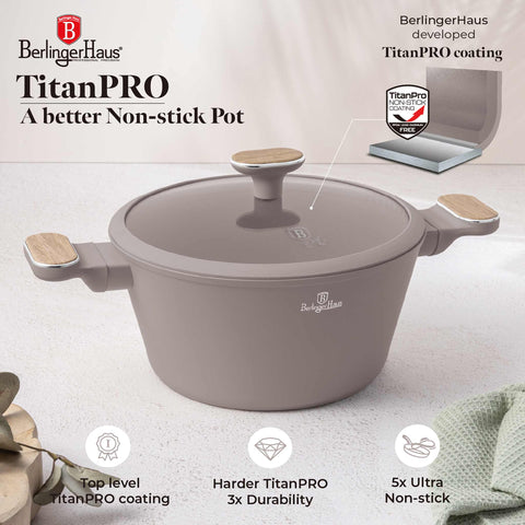 Product image of Casserole with lid 24cm. Part of the Taupe Nordic Collection . Features: • Material: forged aluminum with non-stick titanPro coating • Casserole with lid Ø24*12,5 cm 4,3L • Color: matt taupe, wooden REGISTERED DESIGN BY .... (Studio view). Official Berlinger Haus product, boosted by Promintra sl.