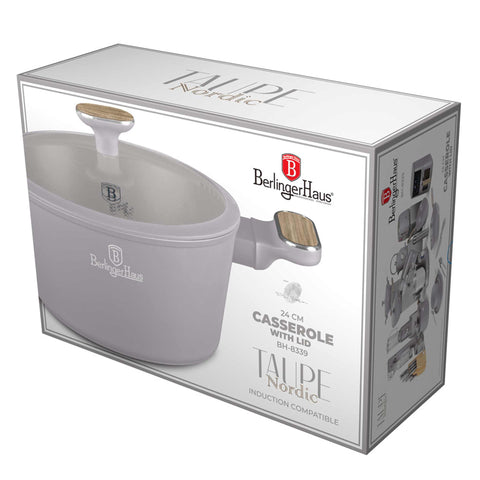 Product image of Casserole with lid 24cm. Part of the Taupe Nordic Collection . Features: • Material: forged aluminum with non-stick titanPro coating • Casserole with lid Ø24*12,5 cm 4,3L • Color: matt taupe, wooden REGISTERED DESIGN BY .... (Studio view). Official Berlinger Haus product, boosted by Promintra sl.