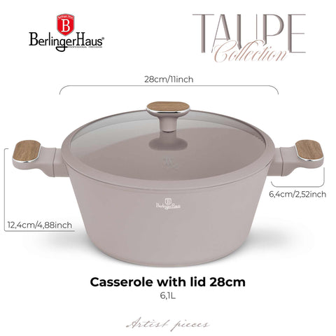 Product image of Casserole with lid 28cm. Part of the Taupe Nordic Collection . Features: • Material: forged aluminum with non-stick titanPro coating • Casserole with lid Ø28*13 cm 6,3L • Color: matt taupe, wooden REGISTERED DESIGN BY BE.... (Studio view). Official Berlinger Haus product, boosted by Promintra sl.