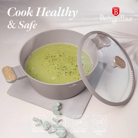 Product image of Casserole with lid 28cm. Part of the Taupe Nordic Collection . Features: • Material: forged aluminum with non-stick titanPro coating • Casserole with lid Ø28*13 cm 6,3L • Color: matt taupe, wooden REGISTERED DESIGN BY BE.... (Studio view). Official Berlinger Haus product, boosted by Promintra sl.