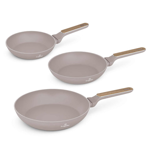 Product image of 3pcs frypan set. Part of the Taupe Nordic Collection . Features: • Material: forged aluminum with non-stick titanPro coating • Include: • Frypan Ø20*4,5 cm 1,0L • Frypan Ø24*4,8 cm 1,7L • Frypan Ø28*5,2 cm 2,4L •.... (Studio view). Official Berlinger Haus product, boosted by Promintra sl.