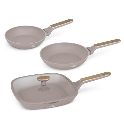 Product image of 3pcs frypan set. Part of the Taupe Nordic Collection . Features: • Material: forged aluminum with non-stick titanPro coating • Include: • Frypan Ø20*4,5 cm 1,0L • Frypan Ø24*4,8 cm 1,7L • Grill pan Ø28*4,1 cm 2,1.... (Studio view). Official Berlinger Haus product, boosted by Promintra sl.