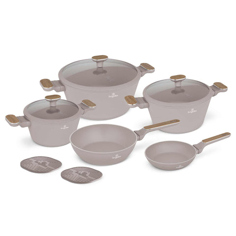 Product image of 10pcs cookware set. Part of the Taupe Nordic Collection . Features: • Material: forged aluminum with non-stick titanPro coating • Include: • Frypan Ø20*4,5 cm 1,0L • Deep frypan Ø24*6,5 cm 2,3L • Casserole with (str.... (Studio view). Official Berlinger Haus product, boosted by Promintra sl.