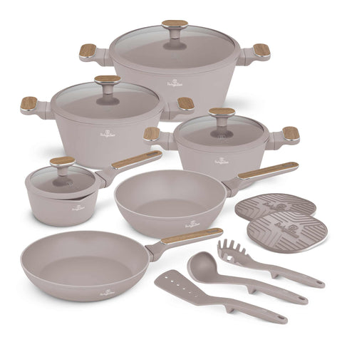 Product image of 15pcs cookware set. Part of the Taupe Nordic Collection . Features: • Material: forged aluminum with non-stick titanPro coating • Include: • Deep frypan Ø24*6,5 cm 2,3L • Frypan Ø28*5,2cm 2,4L • Casserole with (stra.... (Studio view). Official Berlinger Haus product, boosted by Promintra sl.