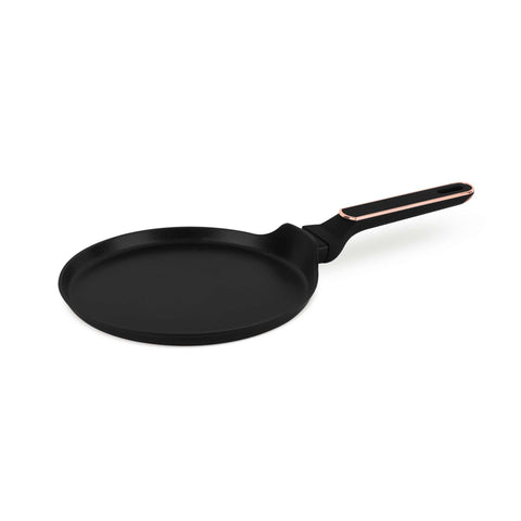 Product image of Pancake pan 25cm. Part of the Black Rose Collection . Features: • Material: forged aluminum with non-stick titanPro coating • Pancake pan Ø25*2,2 cm • Color: matt black- rose gold REGISTERED DESIGN BY BERLINGER .... (Studio view). Official Berlinger Haus product, boosted by Promintra sl.