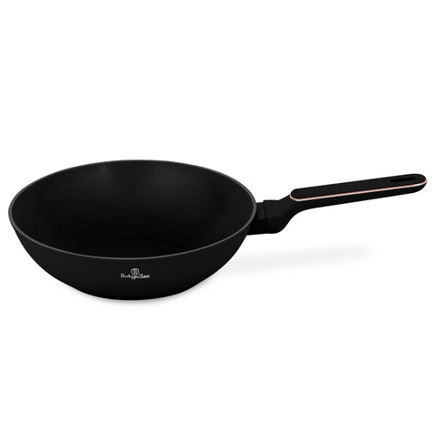 Product image of Wok 28cm. Part of the Black Rose Collection . Features: • Material: forged aluminum with non-stick titanPro coating • Wok Ø28*7,8 cm 3,5L • Color: matt black- rose gold REGISTERED DESIGN BY BERLINGER HAUS!. (Studio view). Official Berlinger Haus product, boosted by Promintra sl.