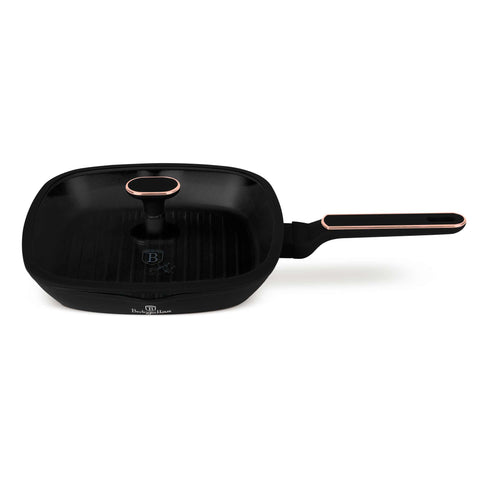 BH/8355, Grelha com Tampa 28cm, Preto Fosco, Ouro Rosa, Grelha de 28cm com Tampa, Novo Design de Alça, Frigideira, Grelha, Grelha com Tampa, Conjunto de Utensílios de Cozinha