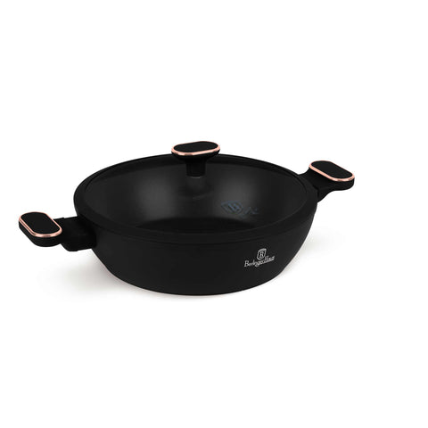 Product image of Shallow pot with lid 28cm. Part of the Black Rose Collection . Features: • Material: forged aluminum with non-stick titanPro coating • Shallow pot with lid Ø28*7,5 cm 3,8L • Color: matt black- rose gold REGISTERED DESIGN.... (Studio view). Official Berlinger Haus product, boosted by Promintra sl.