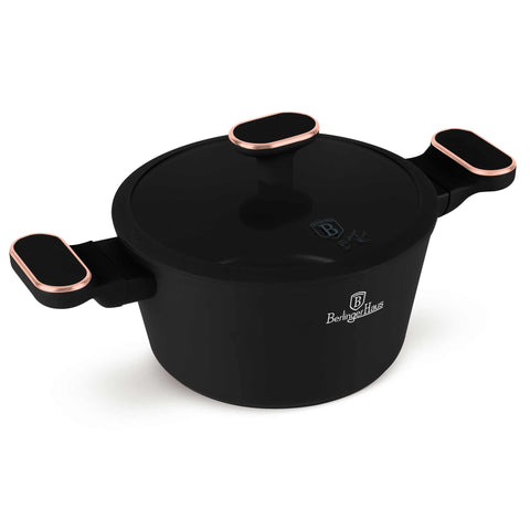 Product image of Casserole with lid 20cm. Part of the Black Rose Collection . Features: • Material: forged aluminum with non-stick titanPro coating • Casserole with lid Ø20*11 cm 2,6L • Color: matt black- rose gold REGISTERED DESIGN BY.... (Studio view). Official Berlinger Haus product, boosted by Promintra sl.