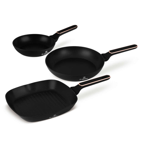 BH/8361, joc de 3 paelles, negre mat, or rosa, joc de 3 paelles b., nou disseny de mango, paella, joc de paelles, paella, joc de paelles, paella per a graella, utensilis de cuina, cuina