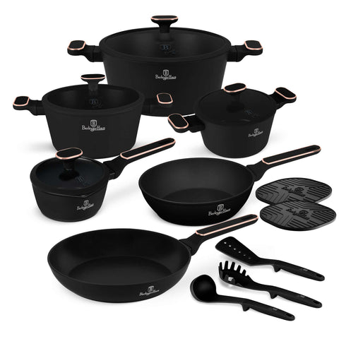 Product image of 15pcs cookware set. Part of the Black Rose Collection . Features: • Material: forged aluminum with non-stick titanPro coating • Include: • Deep frypan Ø24*6,5 cm 2,3L • Frypan Ø28*5,2cm 2,4L • Casserole with (stra.... (Studio view). Official Berlinger Haus product, boosted by Promintra sl.