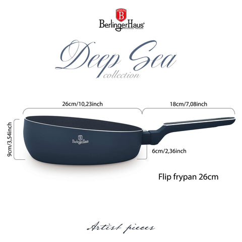 Imatge del producte de la paella Flip de 26 cm. Part de la col·lecció Deep Sea. Característiques: • Material: alumini estampat amb recobriment antiadherent TitanPro • Paella Flip de Ø26 cm 2,8 L • Color: blau mat, gris fusta DISSENY REGISTRAT DE BERLINGER.... (Vista de l'estudi). Producte oficial de Berlinger, impulsat per Promintra sl.