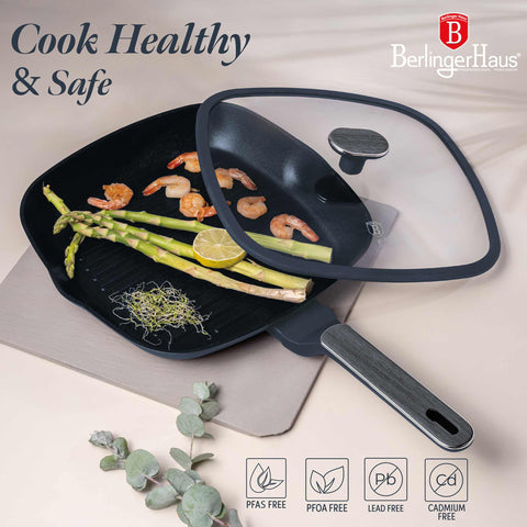 BH/8374, Sartén grill con tapa 28cm, Azul Mate, Madera Gris, Sartén grill 28 cm con tapa, Nuevo diseño de mango, Sartén, Sartén, Sartén grill, Sartén grill con tapa, Batería de cocina, Cocina, Sartenes