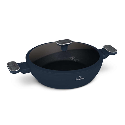 Product image of Shallow pot with lid 28cm. Part of the Deep Sea Collection . Features: • Material: forged aluminum with non-stick titanPro coating • Shallow pot with lid Ø28*7,5 cm 3,8L • Color: matt blue, grey wooden REGISTERED DESIG.... (Studio view). Official Berlinger Haus product, boosted by Promintra sl.