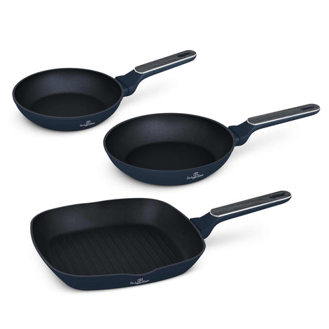 BH/8380, joc de 3 paelles, blau mat, fusta grisa, joc de 3 paelles b., nou disseny de mango, paella, joc de paelles, paella, joc de paelles, paella per a graella, estris de cuina, cuina