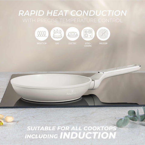 Product image of Frypan 20cm. Part of the Sahara Marble Collection . Features: • Material: forged aluminum with non-stick titanPro coating • Frypan Ø20*4,5 cm 1,0L • Color: matt cream, marble REGISTERED DESIGN BY BERLINGER HAUS!. (Studio view). Official Berlinger Haus product, boosted by Promintra sl.