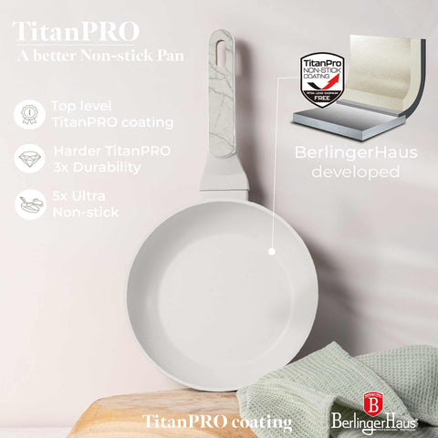 Product image of Frypan 20cm. Part of the Sahara Marble Collection . Features: • Material: forged aluminum with non-stick titanPro coating • Frypan Ø20*4,5 cm 1,0L • Color: matt cream, marble REGISTERED DESIGN BY BERLINGER HAUS!. (Studio view). Official Berlinger Haus product, boosted by Promintra sl.