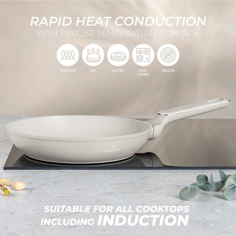 Product image of Frypan 24cm. Part of the Sahara Marble Collection . Features: • Material: forged aluminum with non-stick titanPro coating • Frypan Ø24*4,8 cm 1,7L • Color: matt cream, marble REGISTERED DESIGN BY BERLINGER HAUS!. (Studio view). Official Berlinger Haus product, boosted by Promintra sl.