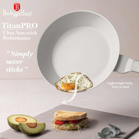 Product image of Frypan 24cm. Part of the Sahara Marble Collection . Features: • Material: forged aluminum with non-stick titanPro coating • Frypan Ø24*4,8 cm 1,7L • Color: matt cream, marble REGISTERED DESIGN BY BERLINGER HAUS!. (Studio view). Official Berlinger Haus product, boosted by Promintra sl.