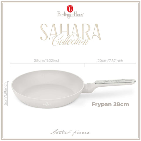 Product image of Frypan 28cm. Part of the Sahara Marble Collection . Features: • Material: forged aluminum with non-stick titanPro coating • Frypan Ø28*5,2 cm 2,4L • Color: matt cream, marble REGISTERED DESIGN BY BERLINGER HAUS!. (Studio view). Official Berlinger Haus product, boosted by Promintra sl.