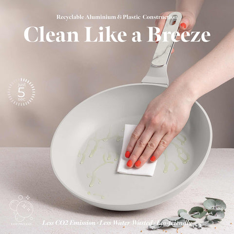 Product image of Frypan 28cm. Part of the Sahara Marble Collection . Features: • Material: forged aluminum with non-stick titanPro coating • Frypan Ø28*5,2 cm 2,4L • Color: matt cream, marble REGISTERED DESIGN BY BERLINGER HAUS!. (Studio view). Official Berlinger Haus product, boosted by Promintra sl.