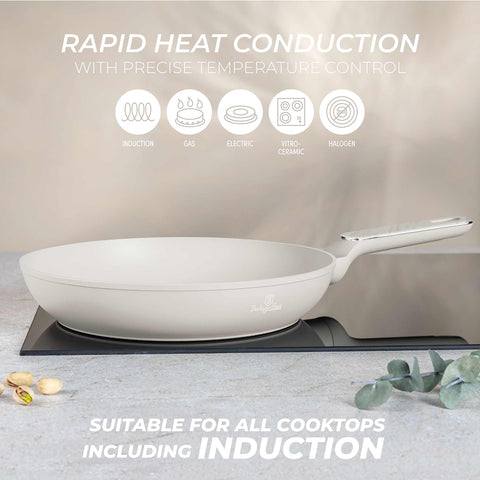 Product image of Frypan 28cm. Part of the Sahara Marble Collection . Features: • Material: forged aluminum with non-stick titanPro coating • Frypan Ø28*5,2 cm 2,4L • Color: matt cream, marble REGISTERED DESIGN BY BERLINGER HAUS!. (Studio view). Official Berlinger Haus product, boosted by Promintra sl.