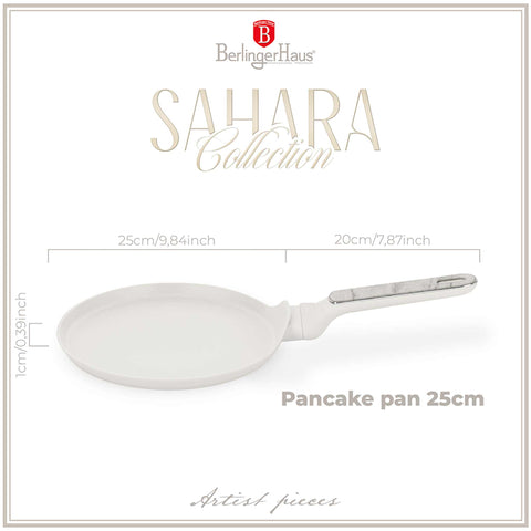 Product image of Pancake pan 25cm. Part of the Sahara Marble Collection . Features: • Material: forged aluminum with non-stick titanPro coating • Pancake pan Ø25*2,2 cm • Color: matt cream, marble REGISTERED DESIGN BY BERLINGER HAUS!. (Studio view). Official Berlinger Haus product, boosted by Promintra sl.