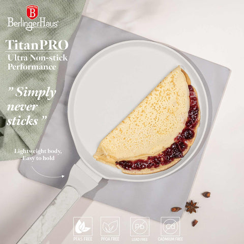 Product image of Pancake pan 25cm. Part of the Sahara Marble Collection . Features: • Material: forged aluminum with non-stick titanPro coating • Pancake pan Ø25*2,2 cm • Color: matt cream, marble REGISTERED DESIGN BY BERLINGER HAUS!. (Studio view). Official Berlinger Haus product, boosted by Promintra sl.