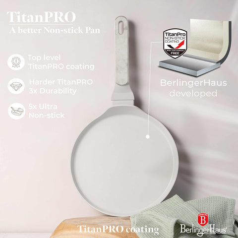 Product image of Pancake pan 25cm. Part of the Sahara Marble Collection . Features: • Material: forged aluminum with non-stick titanPro coating • Pancake pan Ø25*2,2 cm • Color: matt cream, marble REGISTERED DESIGN BY BERLINGER HAUS!. (Studio view). Official Berlinger Haus product, boosted by Promintra sl.