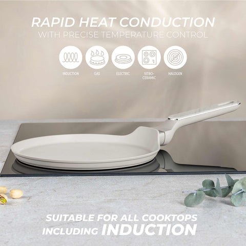 Product image of Pancake pan 25cm. Part of the Sahara Marble Collection . Features: • Material: forged aluminum with non-stick titanPro coating • Pancake pan Ø25*2,2 cm • Color: matt cream, marble REGISTERED DESIGN BY BERLINGER HAUS!. (Studio view). Official Berlinger Haus product, boosted by Promintra sl.