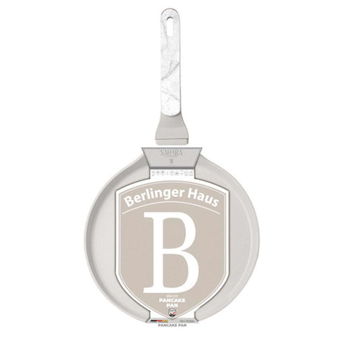 Product image of Pancake pan 25cm. Part of the Sahara Marble Collection . Features: • Material: forged aluminum with non-stick titanPro coating • Pancake pan Ø25*2,2 cm • Color: matt cream, marble REGISTERED DESIGN BY BERLINGER HAUS!. (Studio view). Official Berlinger Haus product, boosted by Promintra sl.