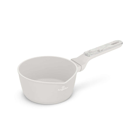 Product image of Sauce pan 16cm. Part of the Sahara Marble Collection . Features: • Material: forged aluminum with non-stick titanPro coating • Sauce pan Ø16*7,5 cm 1,2L • Color: matt cream, marble REGISTERED DESIGN BY BERLINGER .... (Studio view). Official Berlinger Haus product, boosted by Promintra sl.