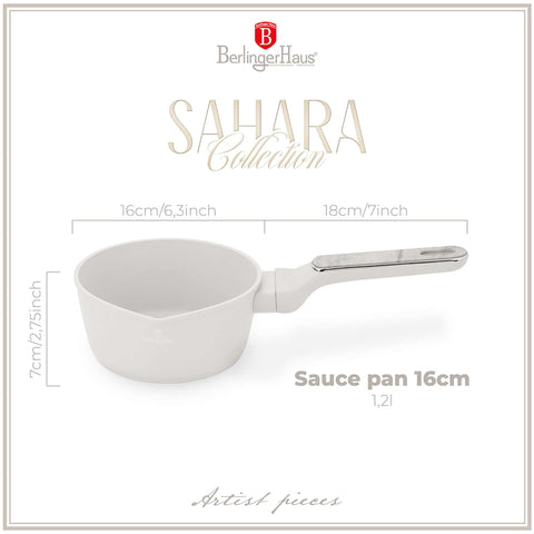 Product image of Sauce pan 16cm. Part of the Sahara Marble Collection . Features: • Material: forged aluminum with non-stick titanPro coating • Sauce pan Ø16*7,5 cm 1,2L • Color: matt cream, marble REGISTERED DESIGN BY BERLINGER .... (Studio view). Official Berlinger Haus product, boosted by Promintra sl.