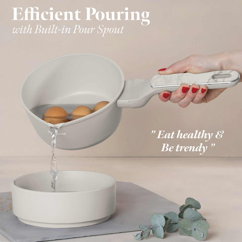 Product image of Sauce pan 16cm. Part of the Sahara Marble Collection . Features: • Material: forged aluminum with non-stick titanPro coating • Sauce pan Ø16*7,5 cm 1,2L • Color: matt cream, marble REGISTERED DESIGN BY BERLINGER .... (Studio view). Official Berlinger Haus product, boosted by Promintra sl.