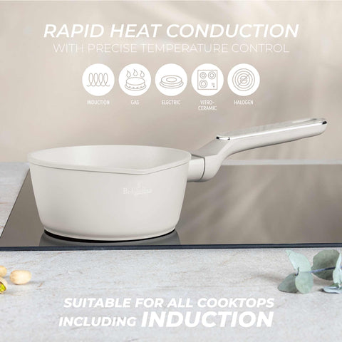 Product image of Sauce pan 16cm. Part of the Sahara Marble Collection . Features: • Material: forged aluminum with non-stick titanPro coating • Sauce pan Ø16*7,5 cm 1,2L • Color: matt cream, marble REGISTERED DESIGN BY BERLINGER .... (Studio view). Official Berlinger Haus product, boosted by Promintra sl.