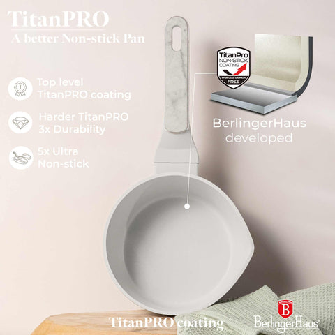 Product image of Sauce pan 16cm. Part of the Sahara Marble Collection . Features: • Material: forged aluminum with non-stick titanPro coating • Sauce pan Ø16*7,5 cm 1,2L • Color: matt cream, marble REGISTERED DESIGN BY BERLINGER .... (Studio view). Official Berlinger Haus product, boosted by Promintra sl.