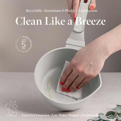Product image of Sauce pan 16cm. Part of the Sahara Marble Collection . Features: • Material: forged aluminum with non-stick titanPro coating • Sauce pan Ø16*7,5 cm 1,2L • Color: matt cream, marble REGISTERED DESIGN BY BERLINGER .... (Studio view). Official Berlinger Haus product, boosted by Promintra sl.