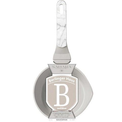 Product image of Sauce pan 16cm. Part of the Sahara Marble Collection . Features: • Material: forged aluminum with non-stick titanPro coating • Sauce pan Ø16*7,5 cm 1,2L • Color: matt cream, marble REGISTERED DESIGN BY BERLINGER .... (Studio view). Official Berlinger Haus product, boosted by Promintra sl.