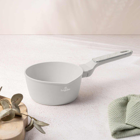 Product image of Sauce pan 16cm. Part of the Sahara Marble Collection . Features: • Material: forged aluminum with non-stick titanPro coating • Sauce pan Ø16*7,5 cm 1,2L • Color: matt cream, marble REGISTERED DESIGN BY BERLINGER .... (Studio view). Official Berlinger Haus product, boosted by Promintra sl.