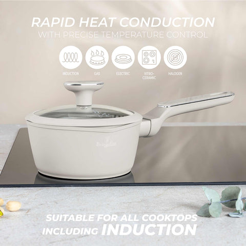 Product image of Sauce pan with lid 16cm. Part of the Sahara Marble Collection . Features: • Material: forged aluminum with non-stick titanPro coating • Sauce pan Ø16*7,5 cm 1,2L • Color: matt cream, marble REGISTERED DESIGN BY BERLINGER .... (Studio view). Official Berlinger Haus product, boosted by Promintra sl.