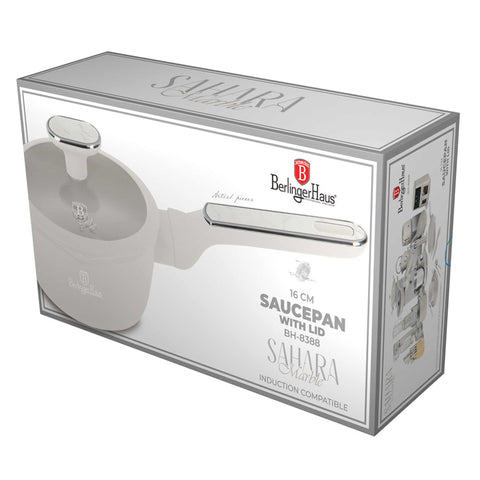 Product image of Sauce pan with lid 16cm. Part of the Sahara Marble Collection . Features: • Material: forged aluminum with non-stick titanPro coating • Sauce pan Ø16*7,5 cm 1,2L • Color: matt cream, marble REGISTERED DESIGN BY BERLINGER .... (Studio view). Official Berlinger Haus product, boosted by Promintra sl.