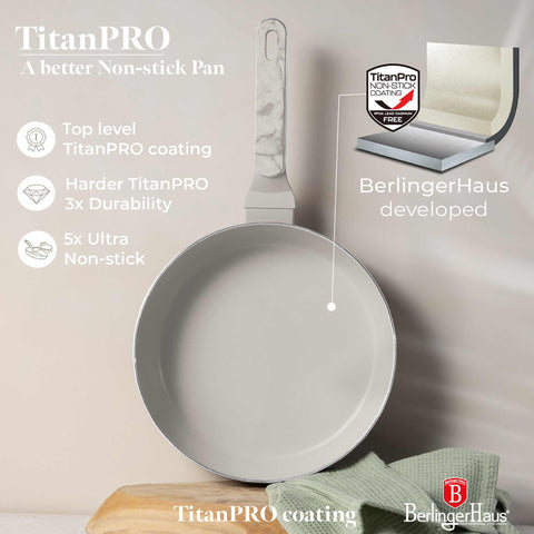 Product image of Flip frypan 26cm. Part of the Sahara Marble Collection . Features: • Material: stamp aluminum with non-stick titanPro coating • Flip frypan Ø26 cm 2,8L • Color: matt cream, marble REGISTERED DESIGN BY BERLINGER HAUS!. (Studio view). Official Berlinger Haus product, boosted by Promintra sl.