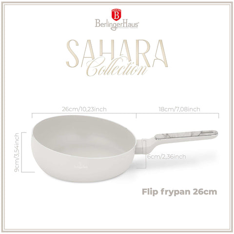 Product image of Flip frypan 26cm. Part of the Sahara Marble Collection . Features: • Material: stamp aluminum with non-stick titanPro coating • Flip frypan Ø26 cm 2,8L • Color: matt cream, marble REGISTERED DESIGN BY BERLINGER HAUS!. (Studio view). Official Berlinger Haus product, boosted by Promintra sl.