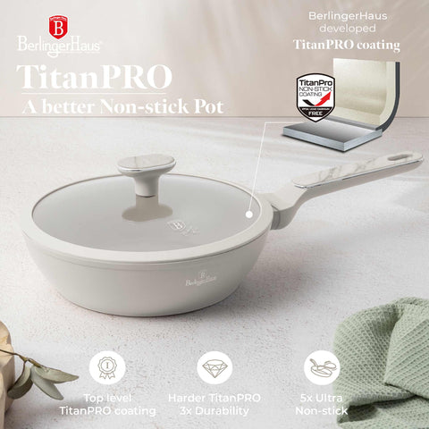 Product image of Deep frypan with lid 24cm. Part of the Sahara Marble Collection . Features: • Material: forged aluminum with non-stick titanPro coating • Deep frypan with lid Ø24*6,5 cm 2,3L • Color: matt cream, marble REGISTERED DESIGN BY.... (Studio view). Official Berlinger Haus product, boosted by Promintra sl.