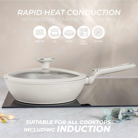 Product image of Deep frypan with lid 24cm. Part of the Sahara Marble Collection . Features: • Material: forged aluminum with non-stick titanPro coating • Deep frypan with lid Ø24*6,5 cm 2,3L • Color: matt cream, marble REGISTERED DESIGN BY.... (Studio view). Official Berlinger Haus product, boosted by Promintra sl.