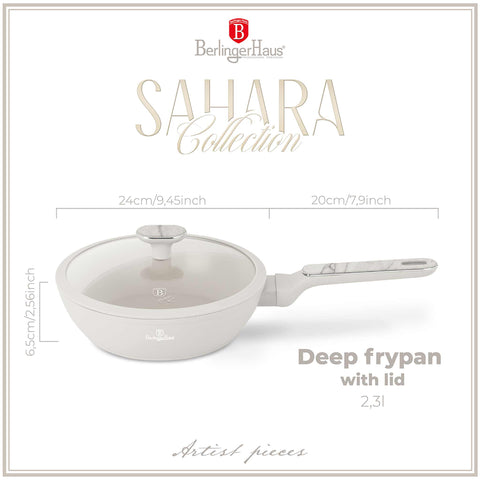 Product image of Deep frypan with lid 24cm. Part of the Sahara Marble Collection . Features: • Material: forged aluminum with non-stick titanPro coating • Deep frypan with lid Ø24*6,5 cm 2,3L • Color: matt cream, marble REGISTERED DESIGN BY.... (Studio view). Official Berlinger Haus product, boosted by Promintra sl.