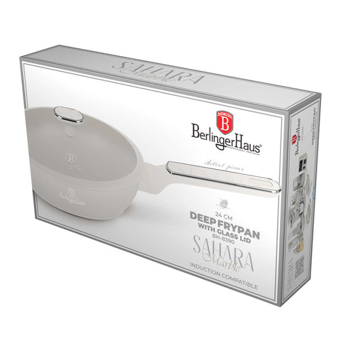 Product image of Deep frypan with lid 24cm. Part of the Sahara Marble Collection . Features: • Material: forged aluminum with non-stick titanPro coating • Deep frypan with lid Ø24*6,5 cm 2,3L • Color: matt cream, marble REGISTERED DESIGN BY.... (Studio view). Official Berlinger Haus product, boosted by Promintra sl.