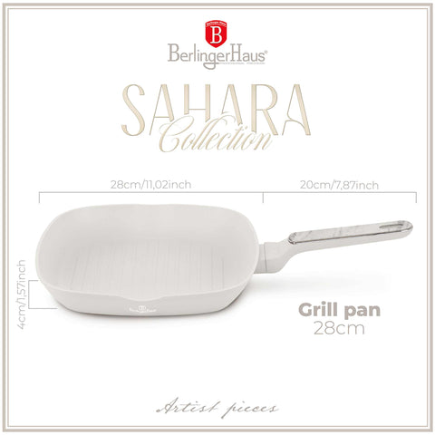 Product image of Grill pan 28cm. Part of the Sahara Marble Collection . Features: • Material: forged aluminum with non-stick titanPro coating • Grill pan Ø28*4,1 cm 2,1L • Color: matt cream, marble REGISTERED DESIGN BY BERLINGER .... (Conceptual view). Official Berlinger Haus product, boosted by Promintra sl.